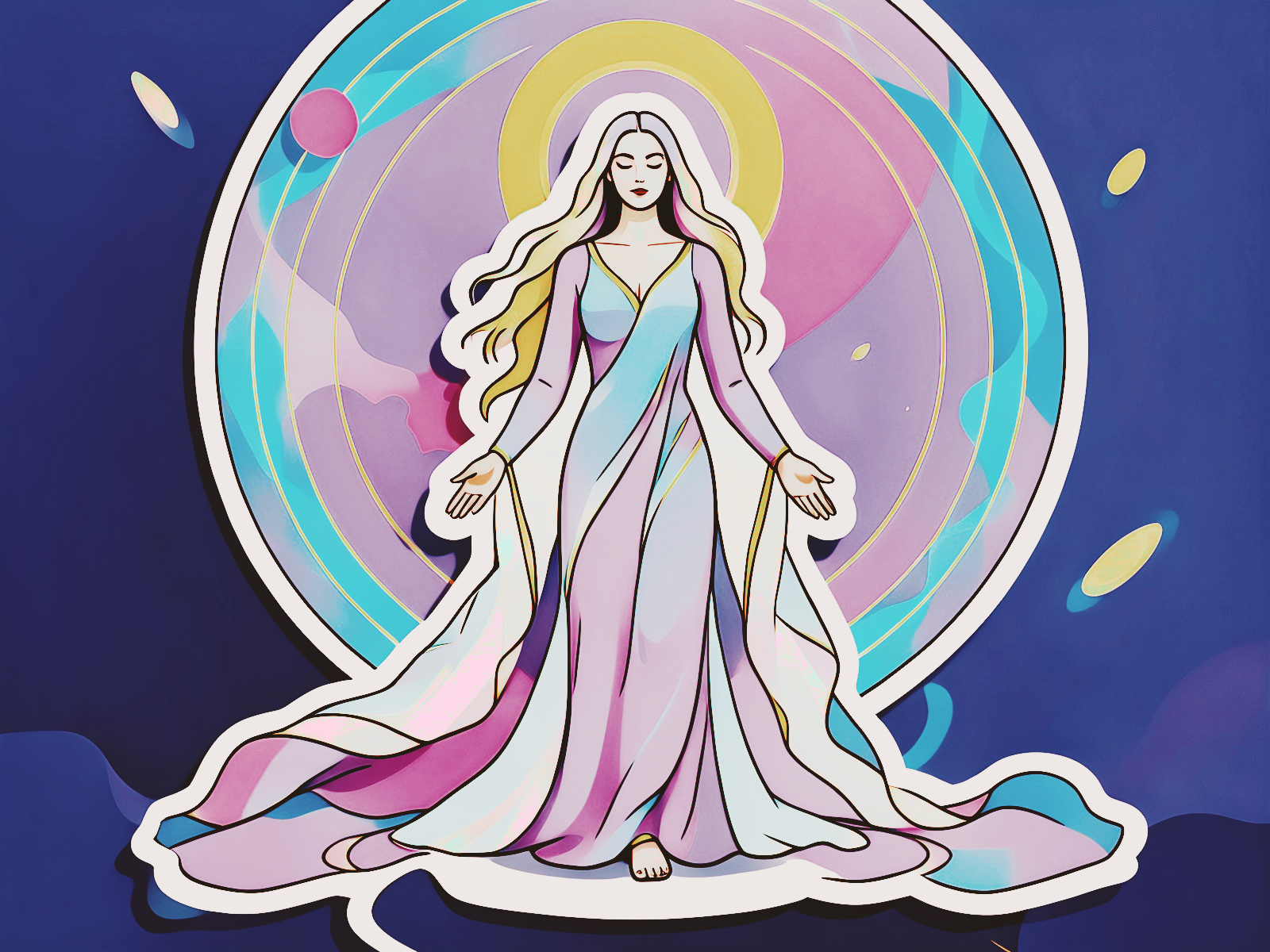 Aztriya standing within a pastel celestial portal